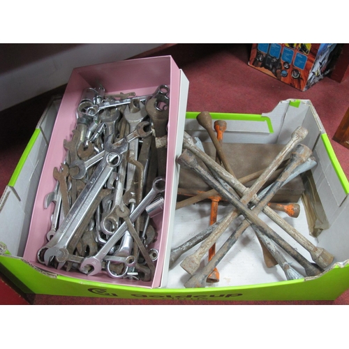 1092 - Two boxes of spanners to include Britool, car jack cross wheel spanners, Sheffield 'Gordon', Acesa e... 