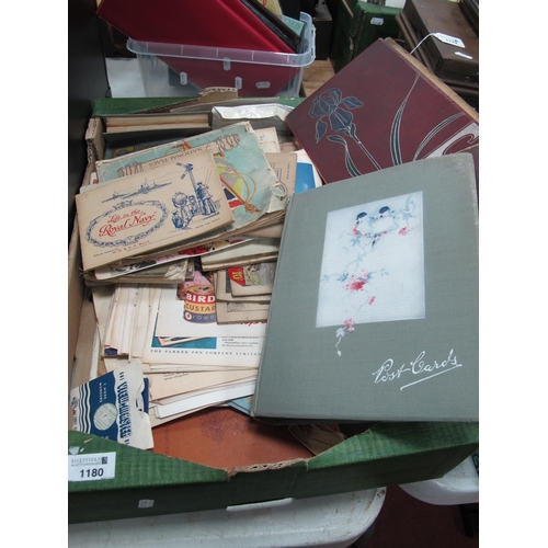 1180 - Postcard albums (part full), cigarette cards, old advertising etc. 1 Box