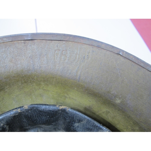 764 - WWI British Army Brodie Mk I steel helmet with part liner and leather strap, marks on the interior o... 