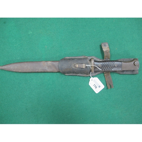 776 - WW2 German K98 bayonet with markings 1850 42 c u e(?) to blade, complete with scabbard (some deforma... 