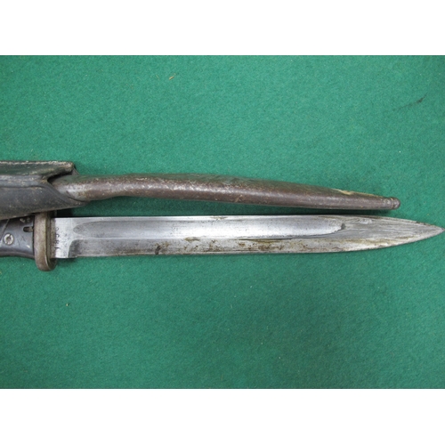 776 - WW2 German K98 bayonet with markings 1850 42 c u e(?) to blade, complete with scabbard (some deforma... 