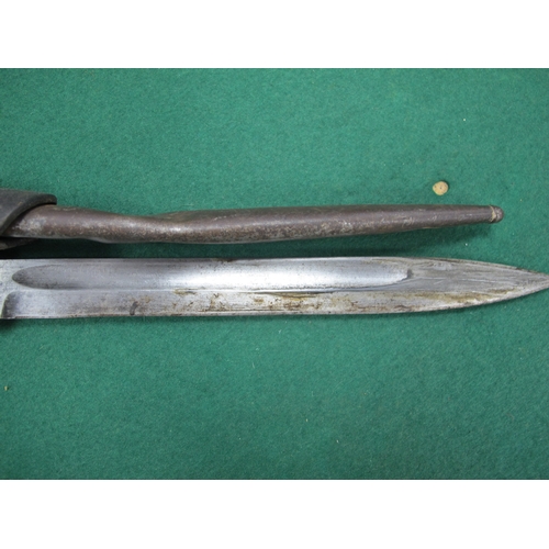 776 - WW2 German K98 bayonet with markings 1850 42 c u e(?) to blade, complete with scabbard (some deforma... 