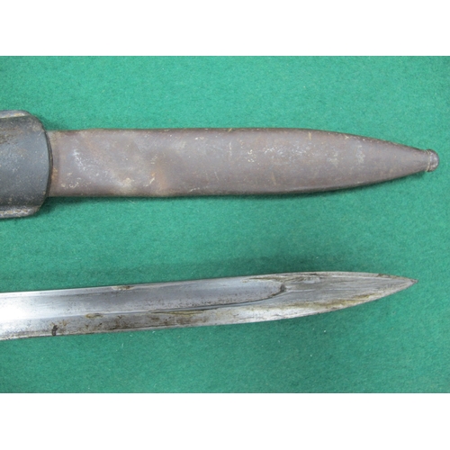 776 - WW2 German K98 bayonet with markings 1850 42 c u e(?) to blade, complete with scabbard (some deforma... 