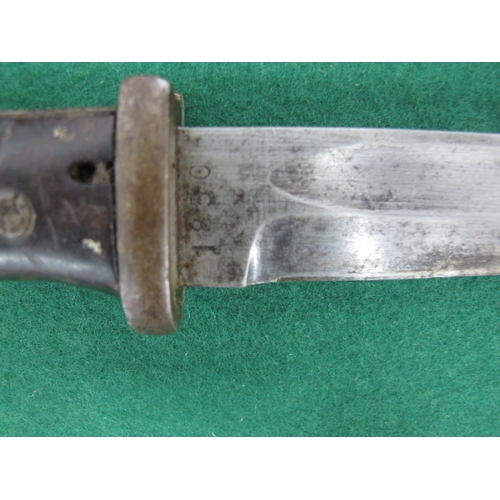 776 - WW2 German K98 bayonet with markings 1850 42 c u e(?) to blade, complete with scabbard (some deforma... 