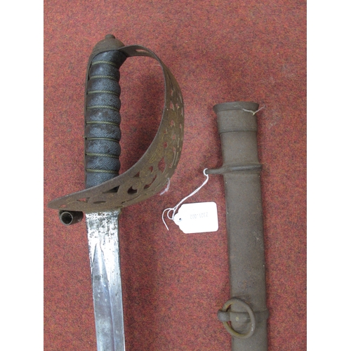 786 - Victorian British Army Sword with curved single fullered blade, basket guard with crown motif and wi... 