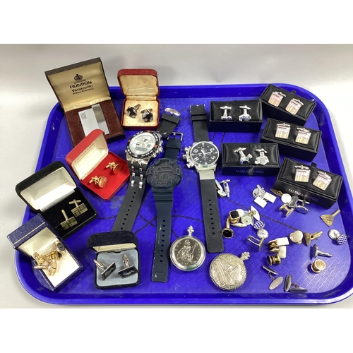 10 - Modern Large Gent's Wristwatches, Ronson lighter in original box, assorted cufflinks, antique style ... 