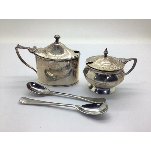 104 - Two Hallmarked Silver Lidded Mustards, each with blue glass liner (damages) and two stainless steel ... 