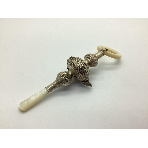 112 - A c.Early XX Century Hallmarked Silver and Mother of Pearl Baby's Rattle / Teether, (hallmark incomp... 