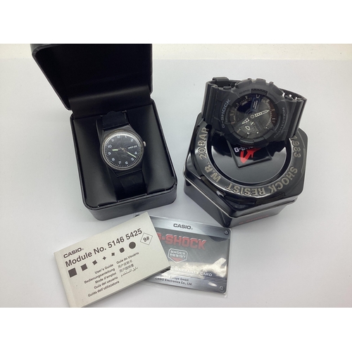 126 - Casio; A Modern G-Shock wristwatch, with user guide and warranty card, boxed, together with a Swatch... 