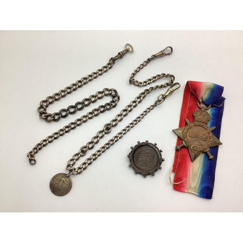 145 - Curb Link Part Albert Chains, Victorian swivel coin brooh, WWI 1914 Star Medal on Ribbon to 11291 Pt... 