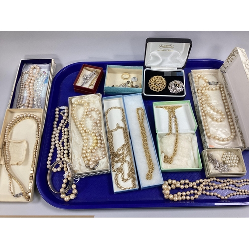 15 - Assorted Costume Jewellery, including imitation pearl bead necklaces, a hallmarked silver hinged ban... 