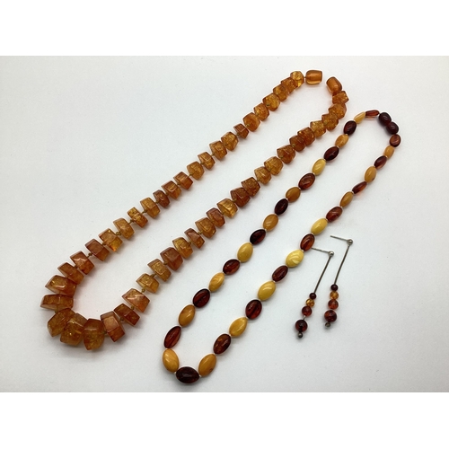 151 - Modern Amber Coloured Graduated Bead Necklace, further necklace, pair of drop earrings.