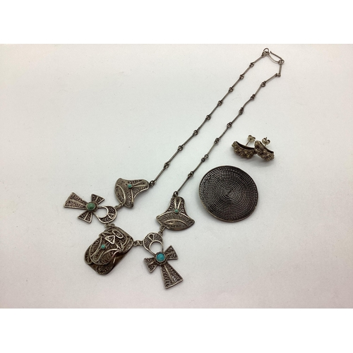 154 - A Hallmarked Silver Stone Set Egyptian Revival Necklace, with filigree scarab beetle and cross desig... 