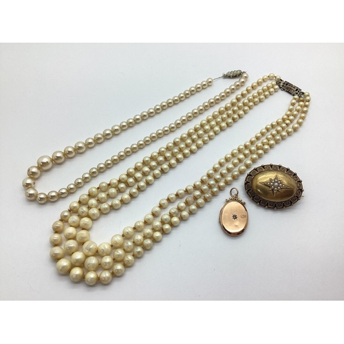 198 - A Victorian Pearl Set Oval Locket Back Brooch, within textured border (lacking locket glazed panel);... 