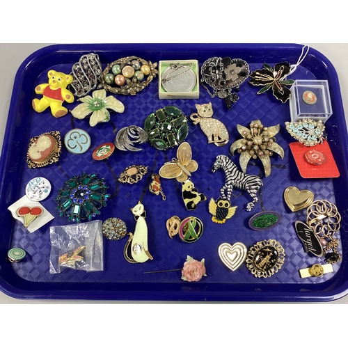 2 - A Collection of Costume Brooches, including Rotary International cat badge, zebra brooch, flowers, p... 