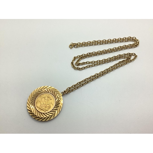 203 - George V Half Sovereign, 1911, loose set within 9ct gold pendant circular pendant mount, of textured... 