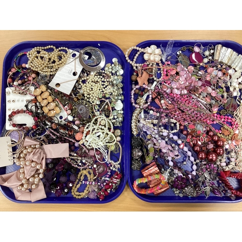 64 - Assorted Costume Bead Necklaces, expanding bracelets, imitation pearls, earrings, etc :- Two Trays