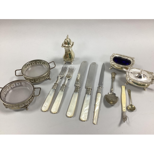 79 - Pair of Plated Glass Lined Dishes, together with pair of decorative mother of pearl handled knives a... 