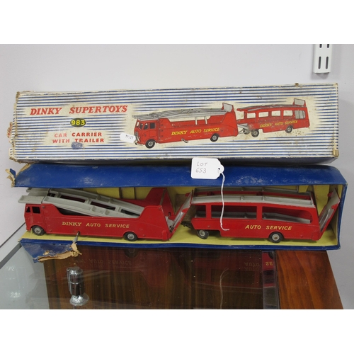 653 - Dinky Supertoys No. 983 car carrier with trailer. Overall good/ good plus. Early evidence of damp da... 