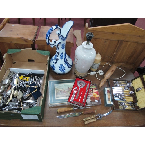 1012 - Horn Handled Carving Set, stainless steel and other cutlery, place mats, table lamp, etc:- Two Boxes... 