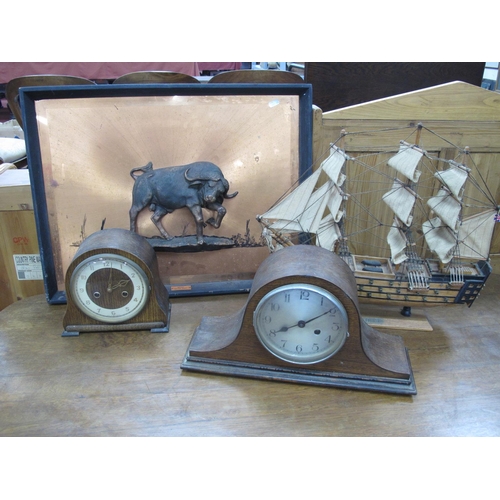 1013 - Model Galleon, two clocks, copper wall picture.