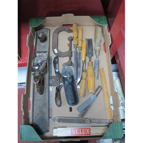 1014 - Tools - Baily No 7 plane, Maples g-clamp and chisels, rulers, spoke shave, etc:- One Box