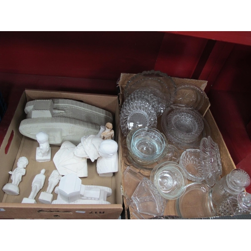 1019 - Various Plaster Military and Other Busts, tanks, etc, plus a collection of cut glass dishes and coas... 