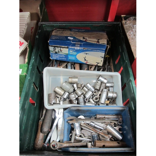 1025 - Tools - spanners, screw drivers, socket parts, bike lift, etc:- One Box