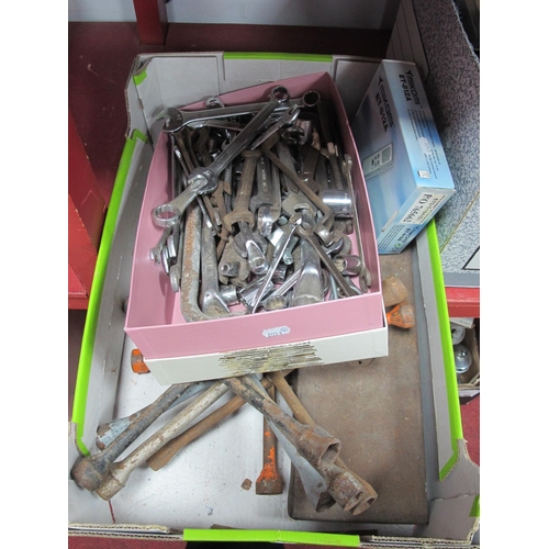 1039 - Two boxes of spanners to include Britool, car jack cross wheel spanners, Sheffield 'Gordon', Acesa e... 