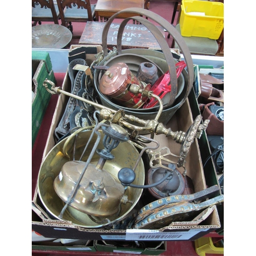 1052 - Brass, copper and pewter to include three jam pans, three branch candleholder, horse brasses, campin... 