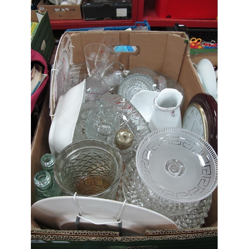 1092 - Frosted glass tazza with Greek key decoration, other glassware, miners plates, clock etc. 1 Box