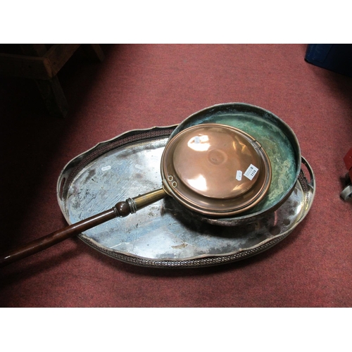 1114 - Early XIX Century Copper Warming Pan, copper bowl, and an oval plated tray, (3).