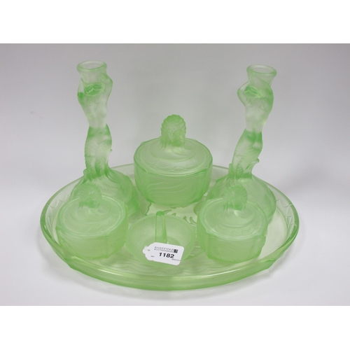 1182 - Art Deco Green Glass 'Mermaid' Lady's Dressing Table Set, in the style of Walther & Sohne, candlesti... 