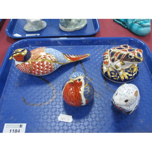 1184 - Four Royal Crown Derby Paperweights - pheasant, frog, robin, and Poppy Mouse, all gold stoppers.