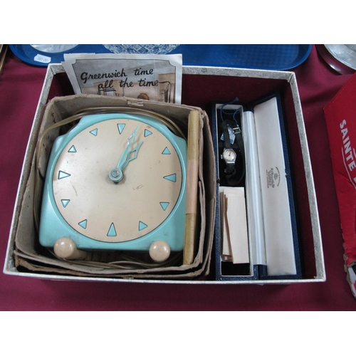 1270 - Art Deco APL Electric Mantle Clock, 14cm wide, with oriental box. Beekay ladies watch.