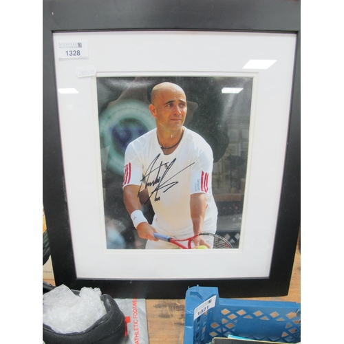 1328 - Andrea Agassi Autograph, black pen signed (unverified) on an image of him about to serve, Hamilton B... 