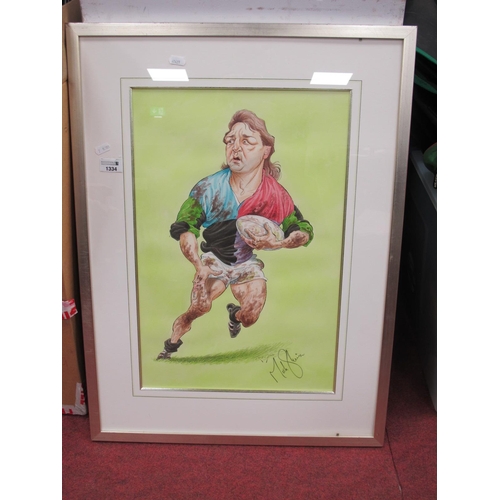 1334 - John Ireland, a caricature drawing of Matt Symons, in Harlequins Rugby Union strip, a watercolour si... 