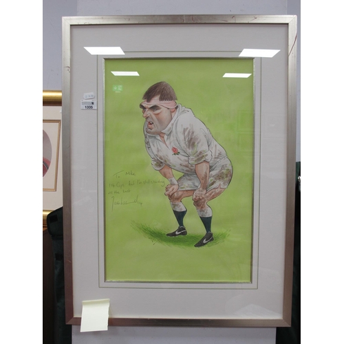 1335 - John Ireland, a caricature drawing of Jason Leonard in England Rugby Union strip, watercolour, signe... 