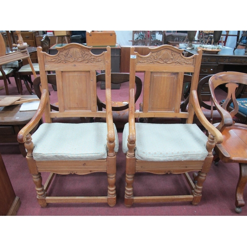 1502 - Pair of Keenpine throne style chairs each with shell and scroll pokerwork carved cresting, rectangul... 