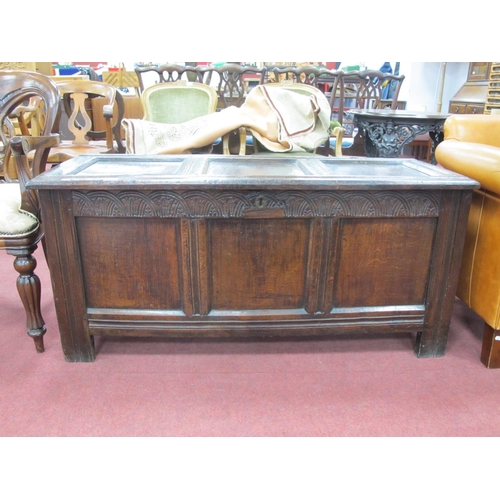 1508 - XVIII Century Oak blanket box with half wheel carving, three panelled top and fascia, stile feet, 12... 