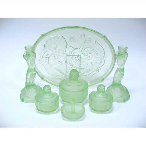 1182 - Art Deco Green Glass 'Mermaid' Lady's Dressing Table Set, in the style of Walther & Sohne, candlesti... 