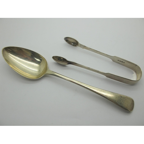 120 - A Hallmarked Silver Old English Pattern Table Spoon, initialled; together with a pair of hallmarked ... 