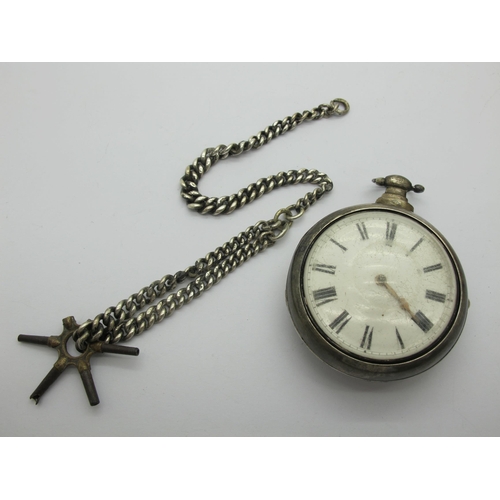 135 - A Georgian Hallmarked Silver Cased Pair Case Pocket Watch, the white dial with black Roman numerals,... 