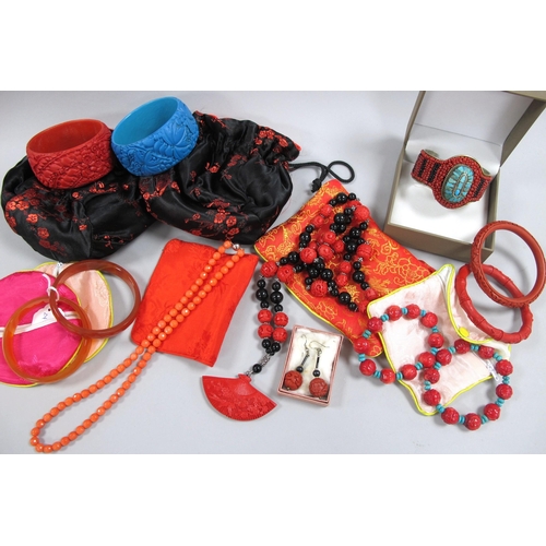 55 - Oriental Style Costume Jewellery, including assorted bangles, bead bracelets, fan necklace, drop ear... 