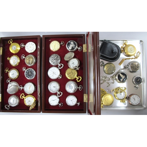 85 - A Collection of Assorted Modern Pocket Watches, including antique style, contained in two display ca... 