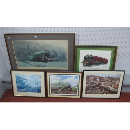 332 - Five framed prints all with Locomotive and Railway themes including The Scotsman '34 graphite signed... 