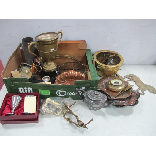 Brass, copper and silver plate items to include large trophy cup, twin