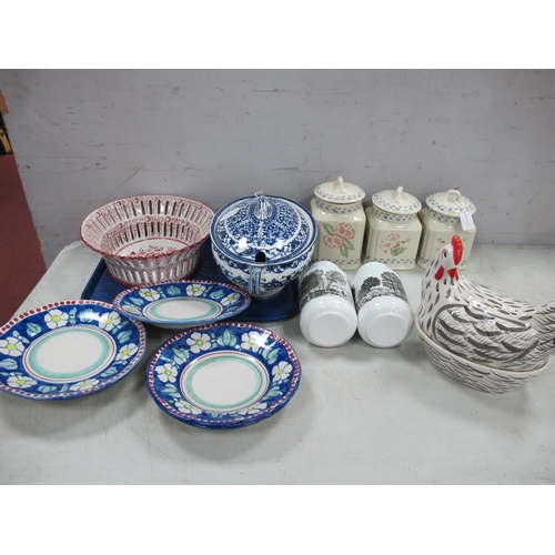1108 - Royal Winton Spongeware Storage Jars, hand painted pottery hen on nest, Italian plates, blue and whi... 