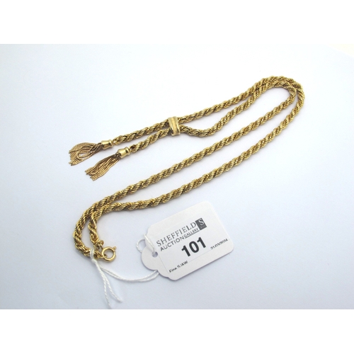 101 - A 9ct Gold Ropetwist Chain Necklace, suspending two tassel drops (overall weight 35grams).