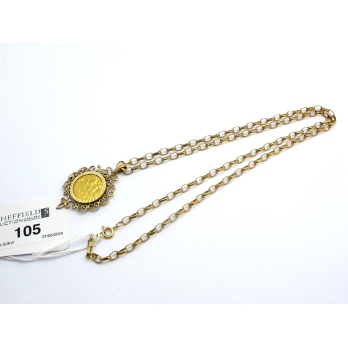 105 - George V Half Sovereign, 1915, loose(?) set within a 9ct gold openwork pendant mount, of scroll desi... 
